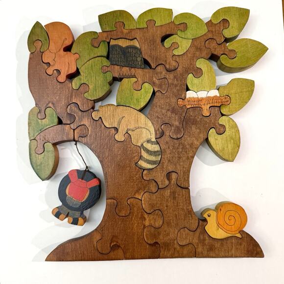 Vintage 1970s Wooden Puzzle Jenell Todd Woodland Animals Tire Swing Tree Painted - Picture 3 of 16